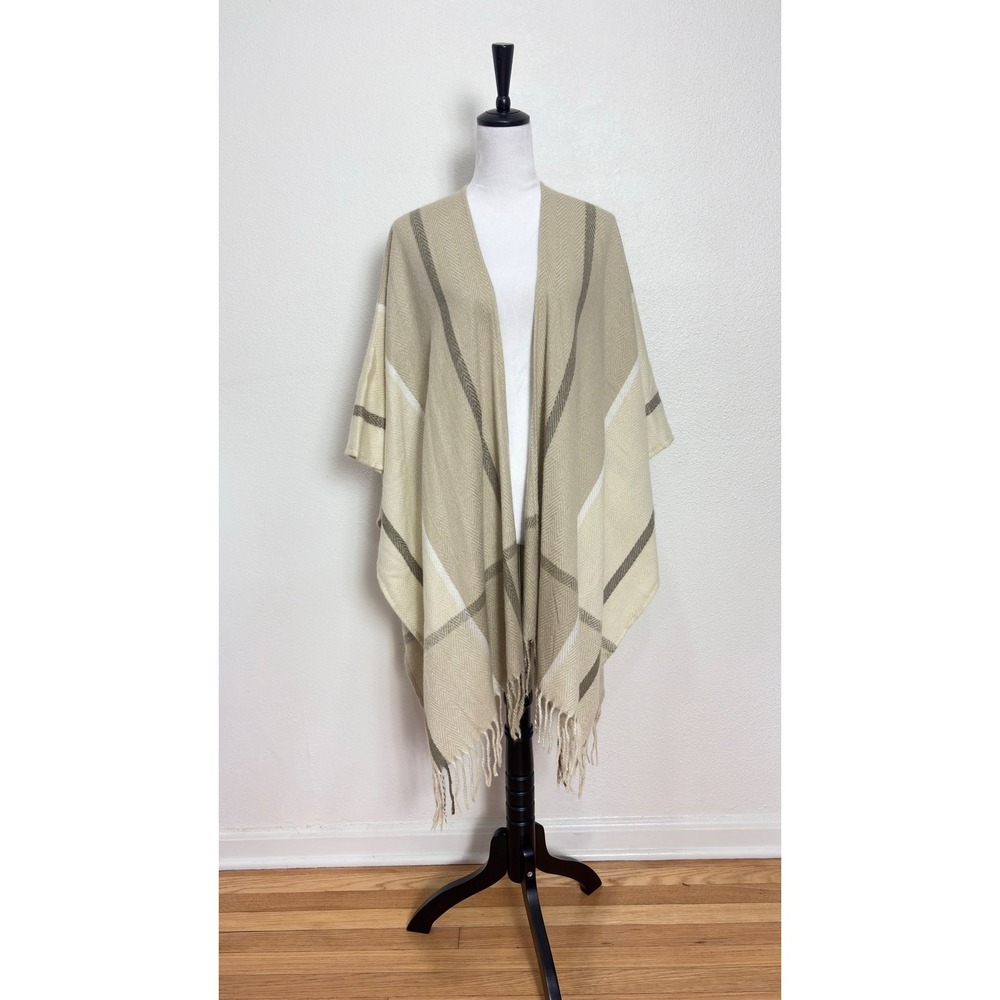 Cream & Beige Fringe Oversized Shawl Poncho Cardigan One Size Cozy Chic Neutral